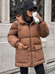 EURMUSE Essnce Front Flap Pocket Zip Up Hooded Puffer Winter Coat - Brown - View 5