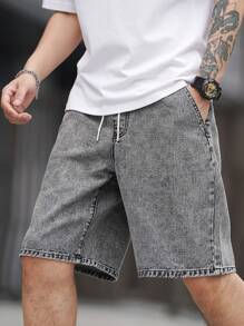 Manfinity Homme Men Straight Waist Cinched Denim Shorts - Light Grey - View 1
