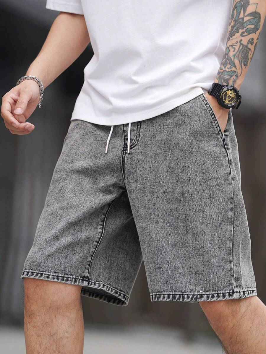 Manfinity Homme Men Straight Waist Cinched Denim Shorts - Light Grey - View 1