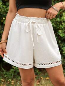 SHEIN VCAY Solid Color Woven High Waist Loose Women Shorts For Vacation Summer Clothes - White - View 4