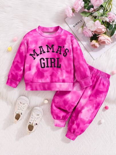 SHEIN 2入組嬰兒女童休閒字母水染印花套頭衫和長褲套裝，圓領長袖春秋季款