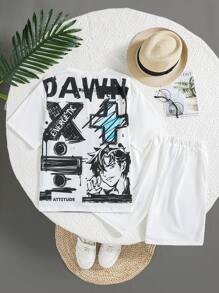 T-shirt Aus Kurzen Cartoon Bedruckten Ärmeln Und Gestrickten Shorts Outfit Für Jungen, Lässiger Street Style, Sommer - Weiss - Übersicht 2