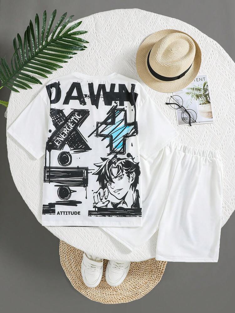 Tween Boys' Street Style Casual Cartoon Printed Short Sleeve T-Shirt And Knitted Shorts Outfit, Summer