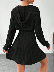 SHEIN EZwear 女士春夏季純色落肩長袖超短上衣和連衣裙休閒2件裝 - 黑色 - 查看 5