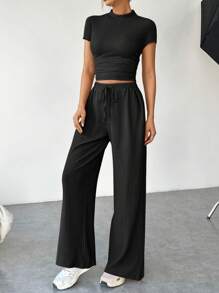 SHEIN EZwear Women Solid Color Short-Sleeve Stand Collar Top With Drawstring Long Pants Two-Piece Set