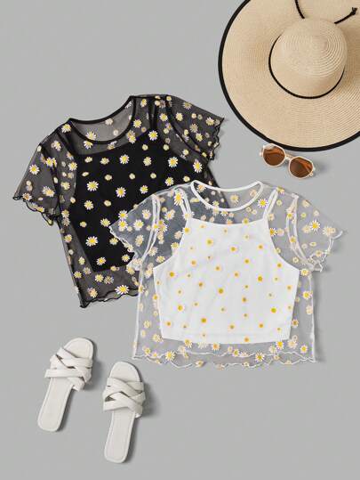 SHEIN Essnce Conjunto de 4 piezas de camiseta de malla con estampado de girasoles y flores de primavera y verano para mujer con cuello redondo, incluye top de tirantes por dentro
