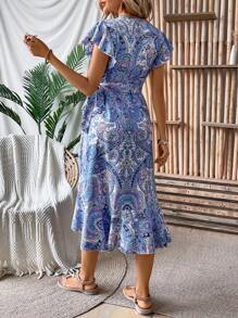 Breezaya Váy kiểu quấn in họa tiết Paisley có viền xù, eo thon và viền peplum - Màu tím hoa cà - Xem 2