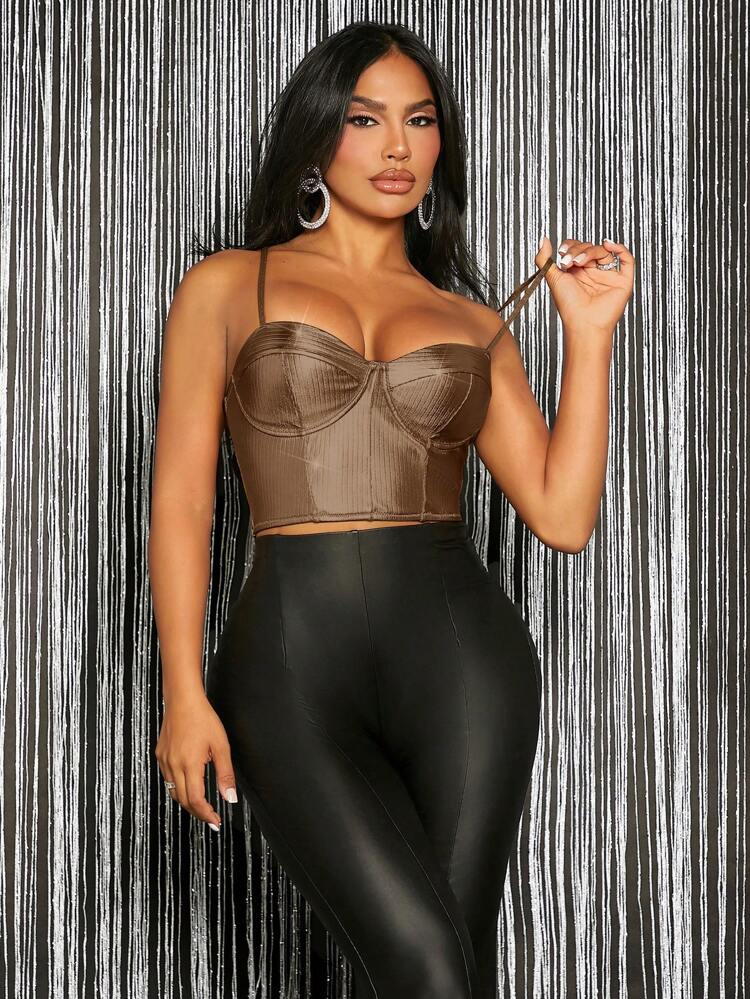 Solid Fashion Metallic Bustier Crop Cami Top