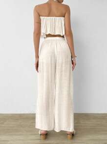 SHEIN Swim Summer Beach 2pcs Lady Casual Ruffle Edged Top And Pants Cover Up Set - Beige - View 2