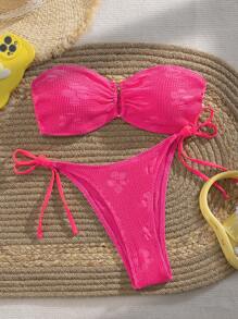 SHEIN Swim Ladies Solid Color Simple Strapless Bikini Set,Summer Beach - Hot Pink - View 4