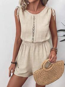 EMERY ROSE Women's Solid Color Lace Patchwork Sleeveless Jumpsuit For Vacation - Apricot - View 4