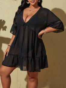 Swim Lushoire Plus Size Vacation Beach Solid Color Deep V-Neck Sheer Cover Up Dress,Summer Beach - Black - View 3