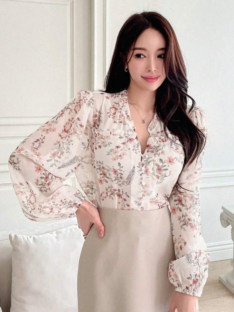 Women Loose Fit Long Sleeve Shirt With Floral Print And Frill Edges, Open Placket With Buttons Summer Vacation Outfits Women Easter Boho