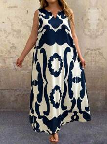 EMERY ROSE Plus Size Women's Vacation Leisure Print Notched Neck Sleeveless Long Pockets Dress With Cutout