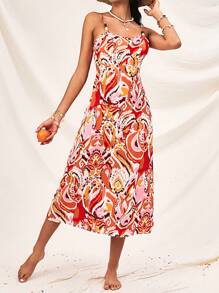 Soleia Women Paisley Pattern Hollow Out Waist Lacing Backless Strap Vacation Dress - Multicolor - View 3