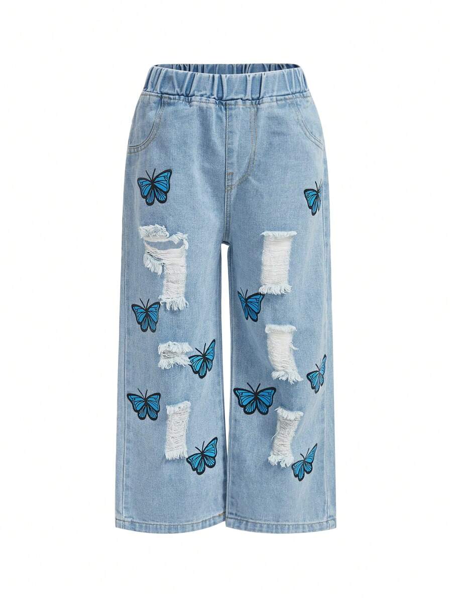 Niñas Jeans rotos con estampado de mariposa - Lavado ligero - Ver 1