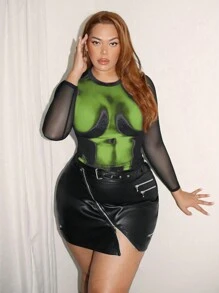 SHEIN SXY Plus Size Women Body Morph Figure Graphic Contrast Mesh Long Sleeve Sexy Tee, For Concert Party, Club, Birthday, Valentine Day, Bachelorette Party, Spring