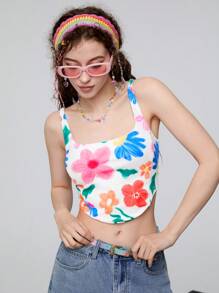 SHEINNeu Women Fashion Short Asymmetrical Hem Printed Tank Top