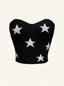 SHEIN EZwear Star Pattern Two Tone Tube Knit Crop Top - Black and White - View 7