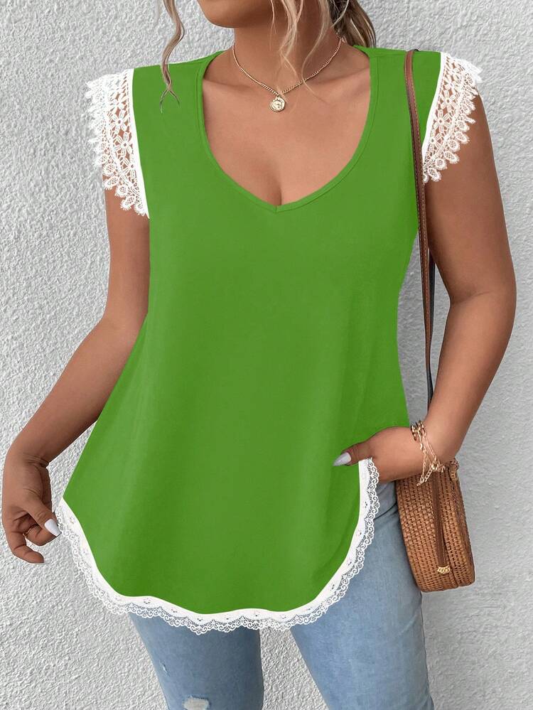 SHEIN LUNE Plus Size Women Loose V-Neck Color Block Lace Cap Sleeve T-Shirt For Summer Graphic Tees Women Tops - Green - View 3