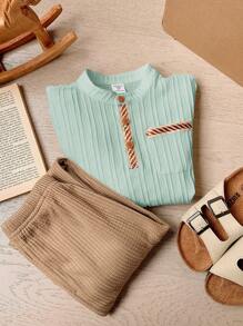 SHEIN Young Boy 2pcs Casual Loose Comfortable Color-Block Stand Collar Shirt And Long Pants Set - Green - View 4