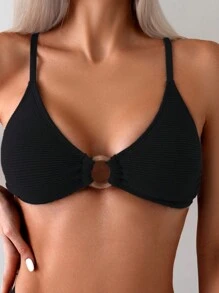 SHEIN Swim Bộ Bikini Màu Trơn Cho Nữ Với Kết Nối Vòng Tròn Và Thời Trang Đơn Giản Cho Kỳ Nghỉ, Bơi Lội - màu đen - Xem 3