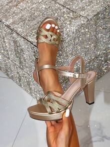 Sandalias para Mujer de Tacón Alto a Prueba de Agua con Plataforma, Hermosas Sandalias Doradas con Correa Cruzada Tejida Sexy, con Tacones Gruesos Zapatos de Fiesta - Dorado - Ver 1