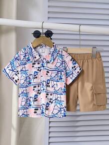 SHEIN Young Boy Spring And Summer Holiday Style Coconut Tree Print Short-Sleeved Shirt And Khaki Shorts Set - Multicolor - View 1