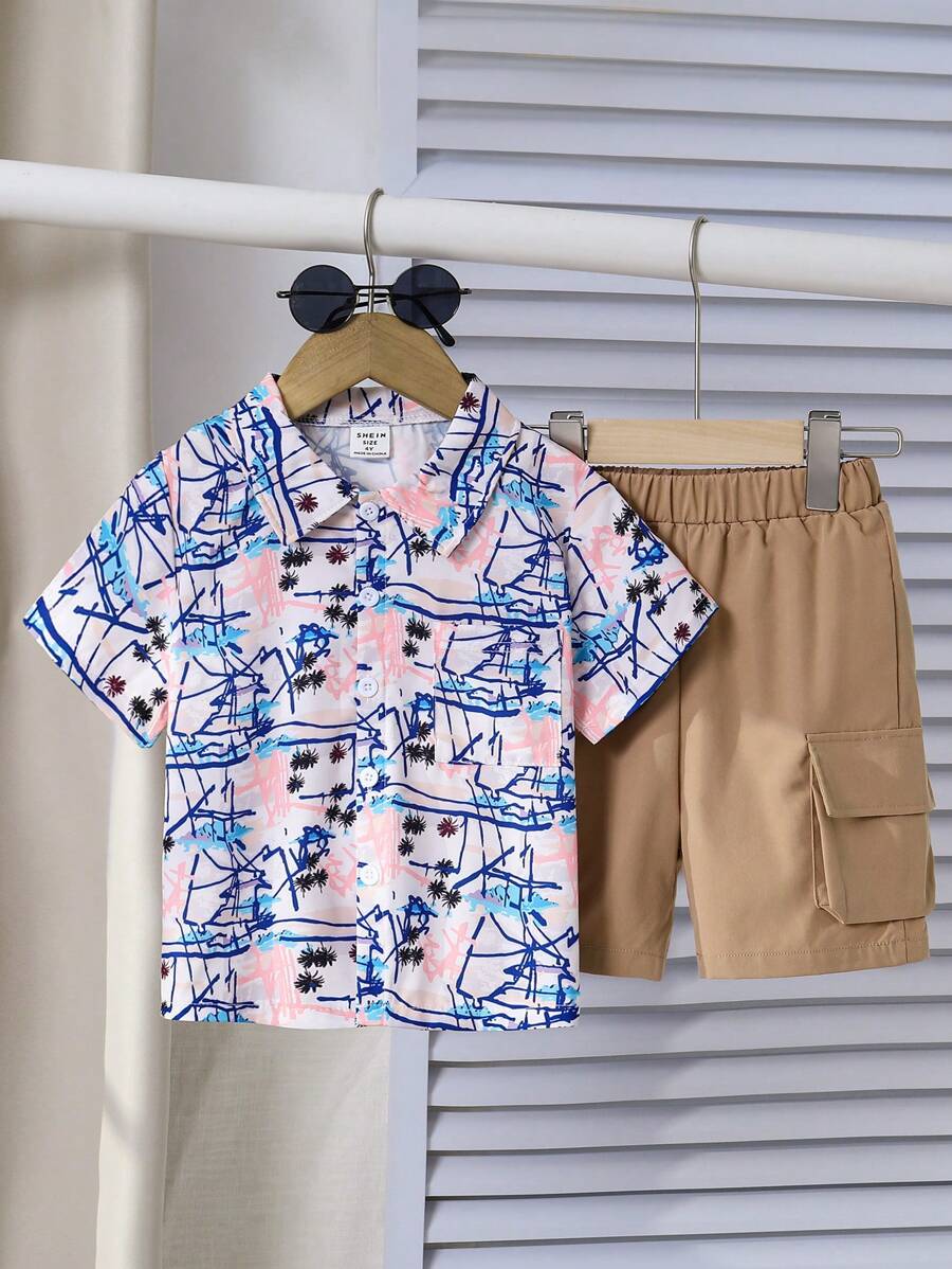 SHEIN Young Boy Spring And Summer Holiday Style Coconut Tree Print Short-Sleeved Shirt And Khaki Shorts Set - Multicolor - View 1