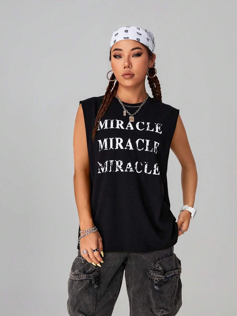 Coolane Áo mùa hè cho nữ Áo ba lỗ không tay có in chữ tròn - màu đen - Xem 1