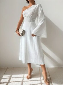 Chiquease Solid Color Asymmetric Collar Pleated Waist Flared Sleeve Dress - White - View 1