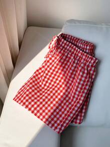 Comfortcana Women Red Plaid Woven Loose Casual Shorts