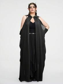 ROMWE Fairycore Plus Size Vintage Forest  Hooded Long Cape Coat - Black - View 6