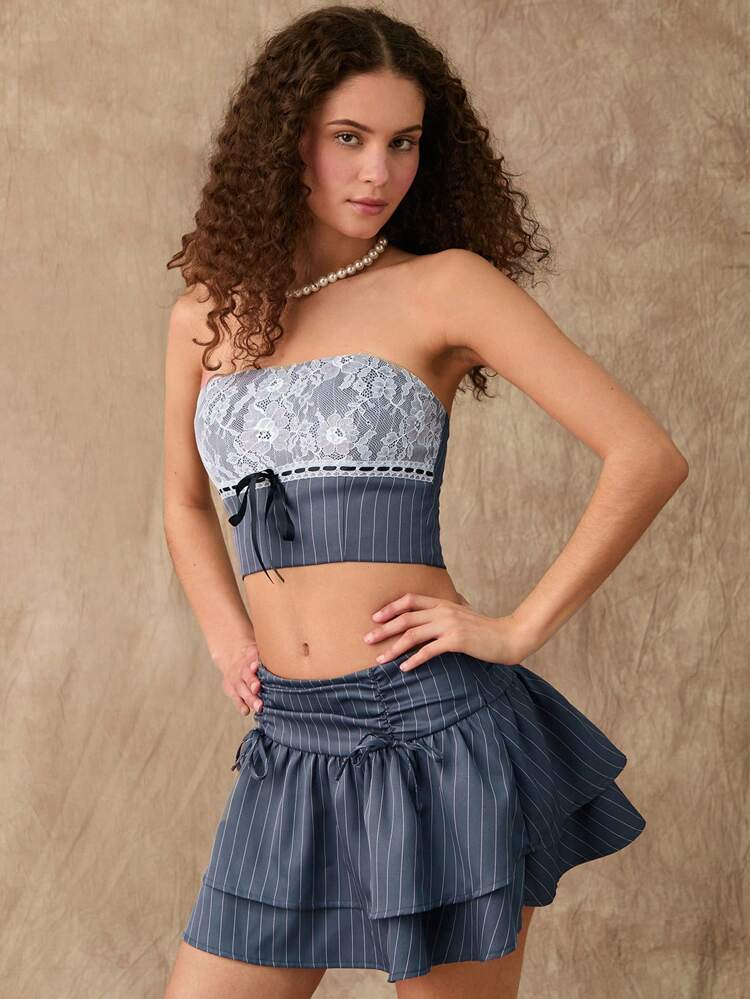 Summer New Design Lace Patchwork Striped Color Block Top Drawstring A-Line Mini Skirt Set