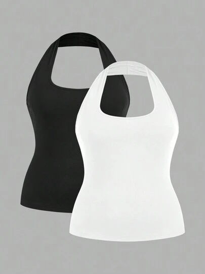 Slaydiva Bộ 2 áo hai dây dài màu trắng ôm sát, kiểu cổ yếm, thích hợp cho mùa hè.