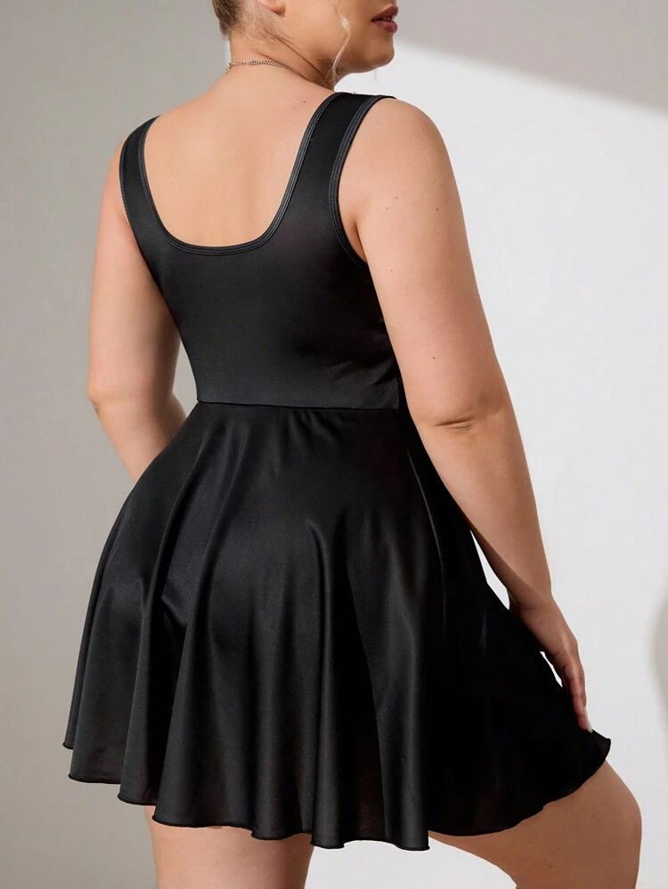 Plus Size Casual Vacation Style Cartoon Letter Graphic One-Piece Dress With Square Neckline, Summer