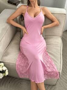 Ladies Sexy Lace Patchwork Crisscross Backless Long Night Dress - Pink - View 3