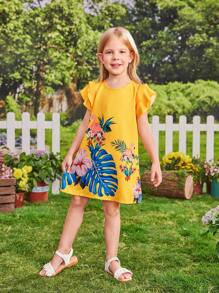 SHEIN 少女沙灘渡假聚會優雅白裙搭配草帽和皮帶，雙層燕尾袖，圓領，水滴釦，火烈鳥和大花印花，A字型下擺 - 芥末黃 - 查看 6