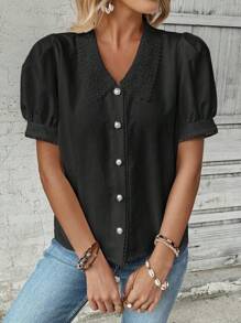 Breezaya Solid Color Short Sleeve Shirt With Peter Pan Collar And Lace Patchwork