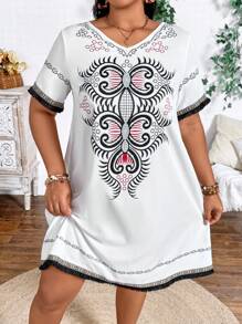 SHEIN Clasi 大尺寸假日休閒印花A字寬鬆短袖連衣裙 - 彩色 - 查看 4