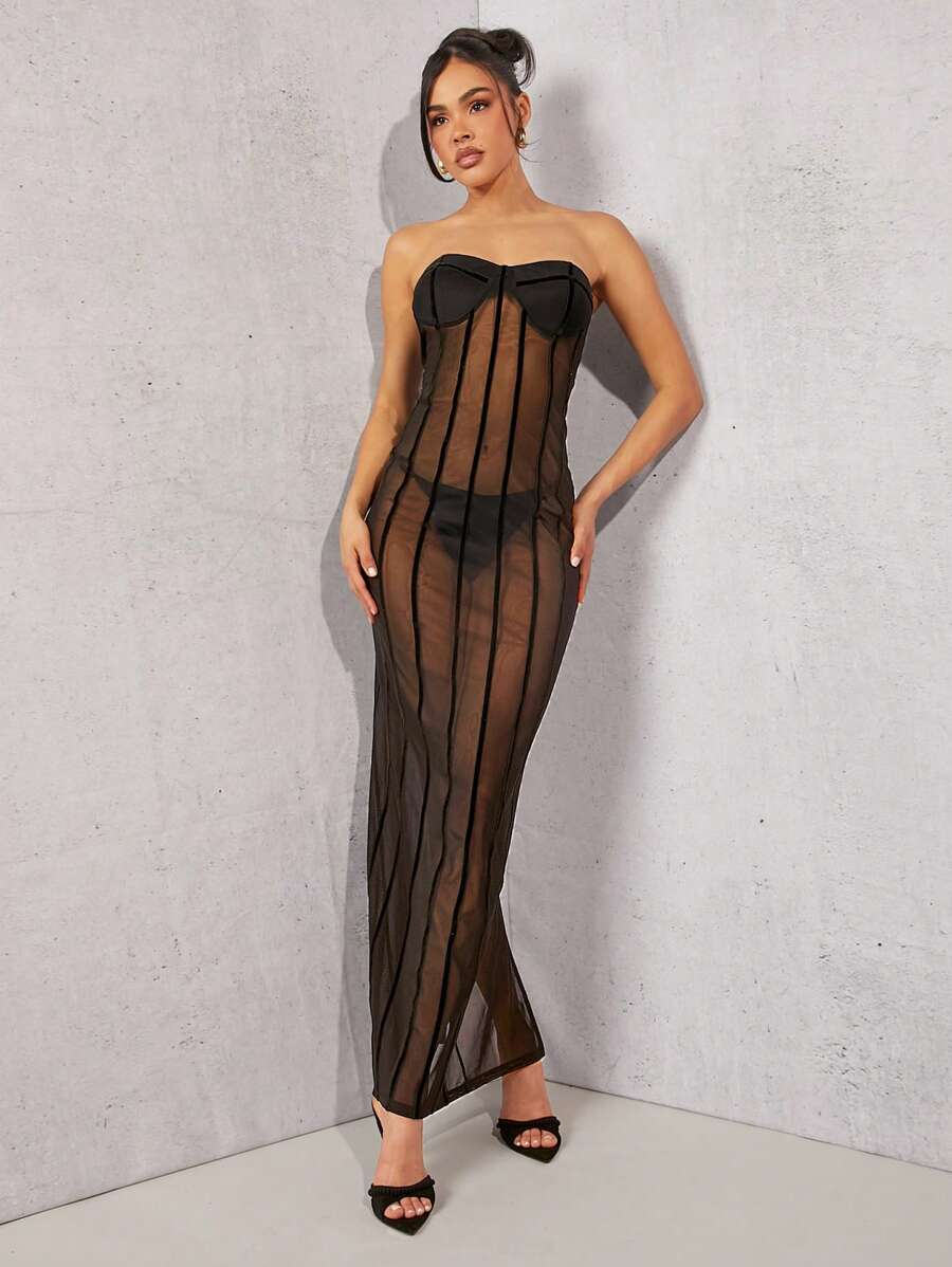 Hauture Seam Detail Sheer Strapless Dress - Black - View 1