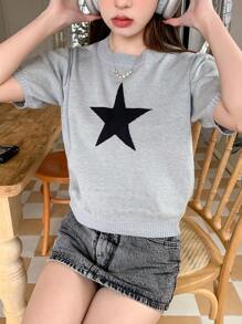 DAZY 圆领针织短袖星星图案上衣 Y2k 夏季 - 灰色 - 查看 4