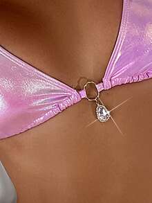 SHEIN Swim 雷射反光頸掛式三角杯比基尼上衣 - 粉色 - 查看 4