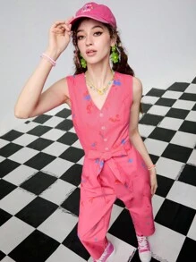 SHEINNeu 女士夏季圖形印花半扣袖無袖連身褲