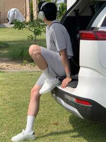 DAZY 男士夏季實色圓領短袖針織上衣和寬鬆針織短褲休閒套裝 - 灰色 - 查看 7