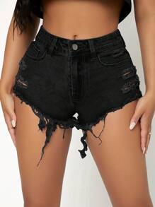 SHEIN PETITE Women Pocket Insertion Splicing Fringed Hem Distressed Denim Shorts - Black - View 3