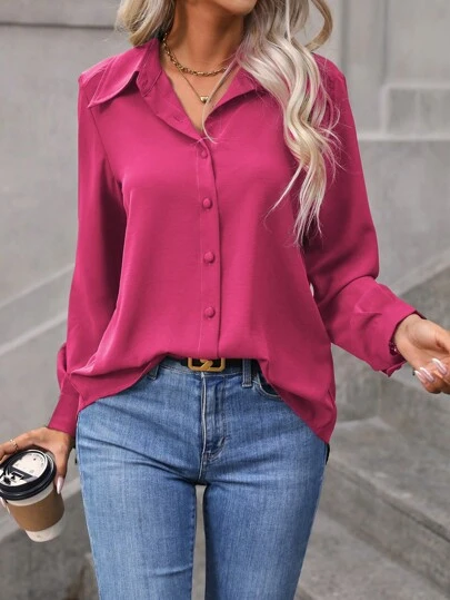 EMERY ROSE Chemise casual ample à manches longues de couleur unie pour femmes, printemps/été