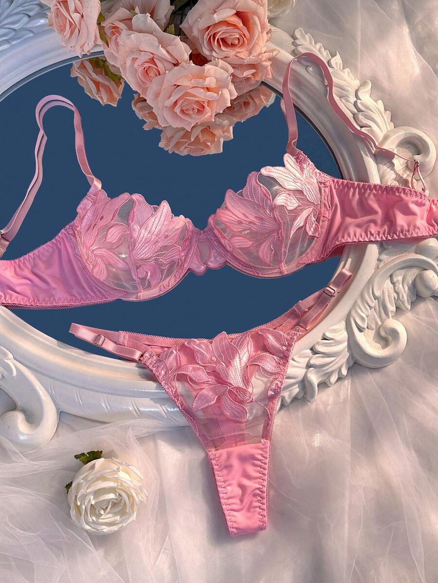 Women Floral Embroidered Mesh Bra & Panty Underwear Set With Underwire, 2 Pieces Lingerie - Pink - View 1