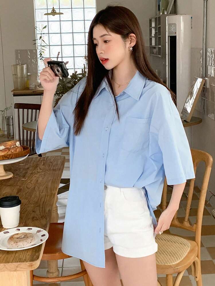 Women Spring And Summer Casual Solid Color Drop-Shoulder Loose Shirt