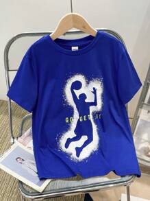 青少年男孩寬鬆運動拼接短袖T恤，圓領設計 - 藍色 - 查看 1